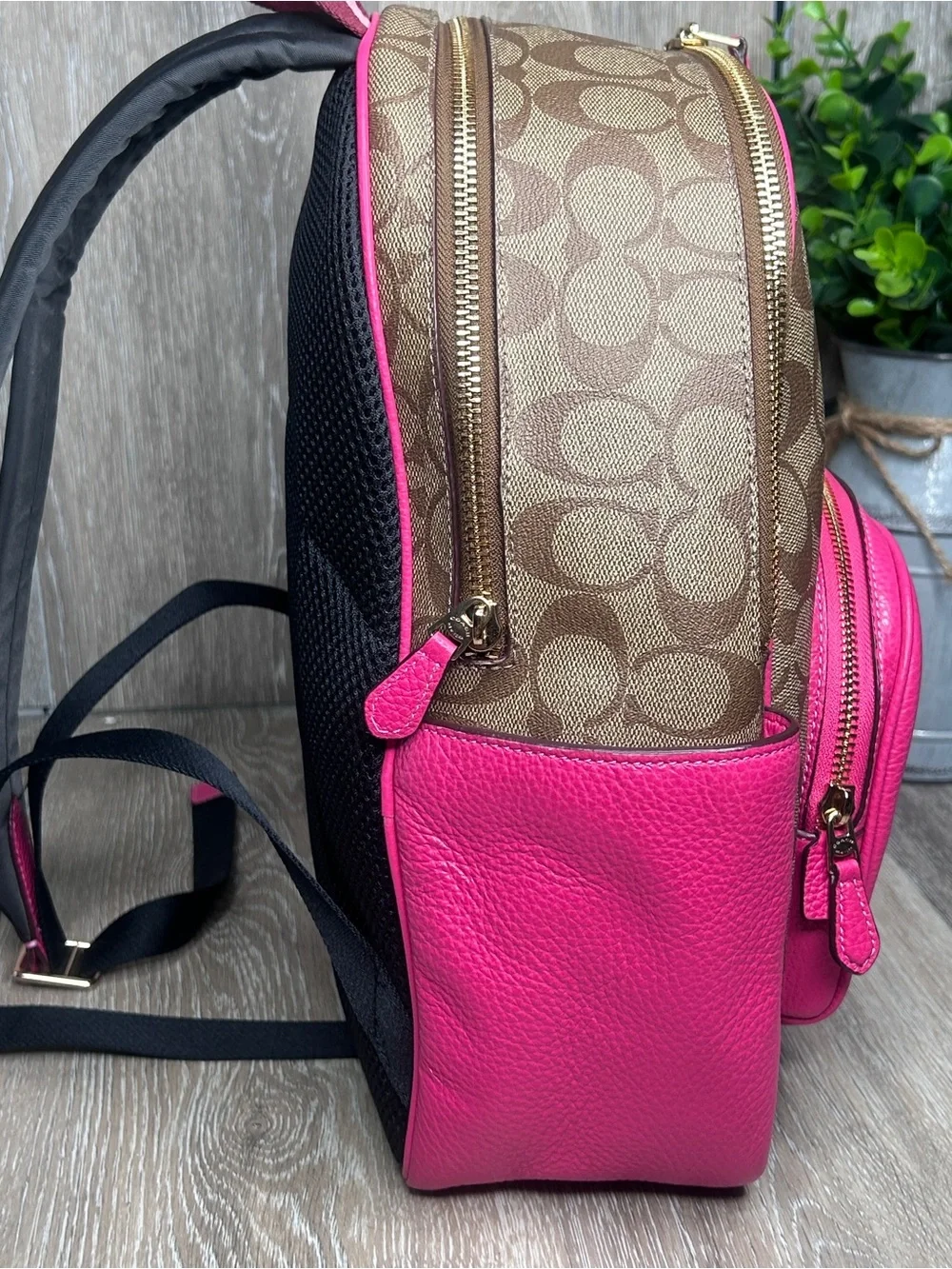 Coach Signature Monogram Pink Leather Trim Backpack – Gold Hardware – Medium